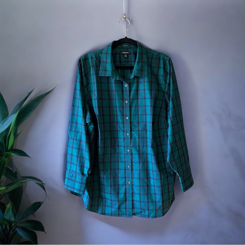 *HOST PICK* Landsโ End No Iron Supima Cotton Teal Green/Black/Purple Plaid Shirt - Picture 14 of 14